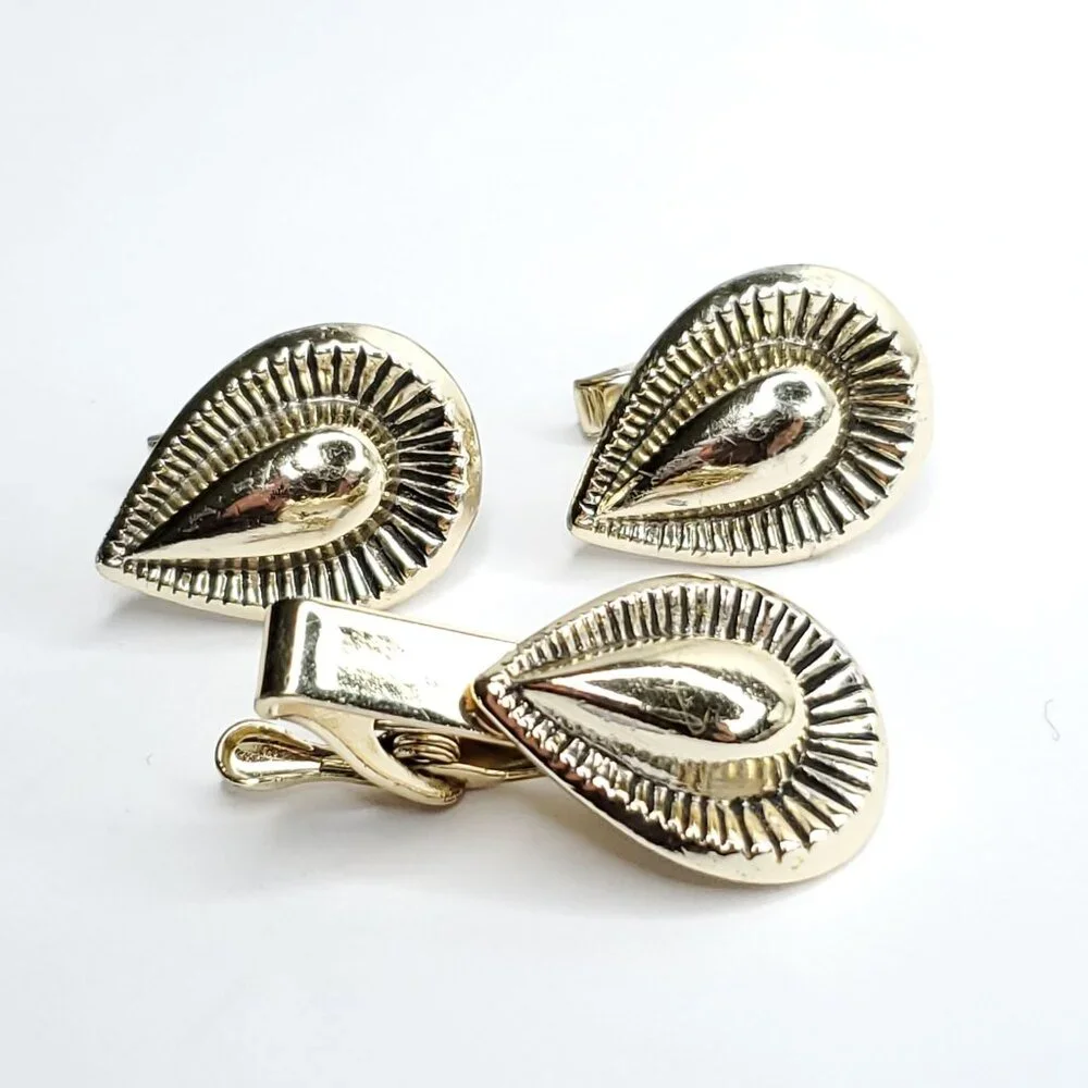 Vintage Cufflinks Tie Clip Set Gold Tone Black Art Deco Tear Drop Heavy